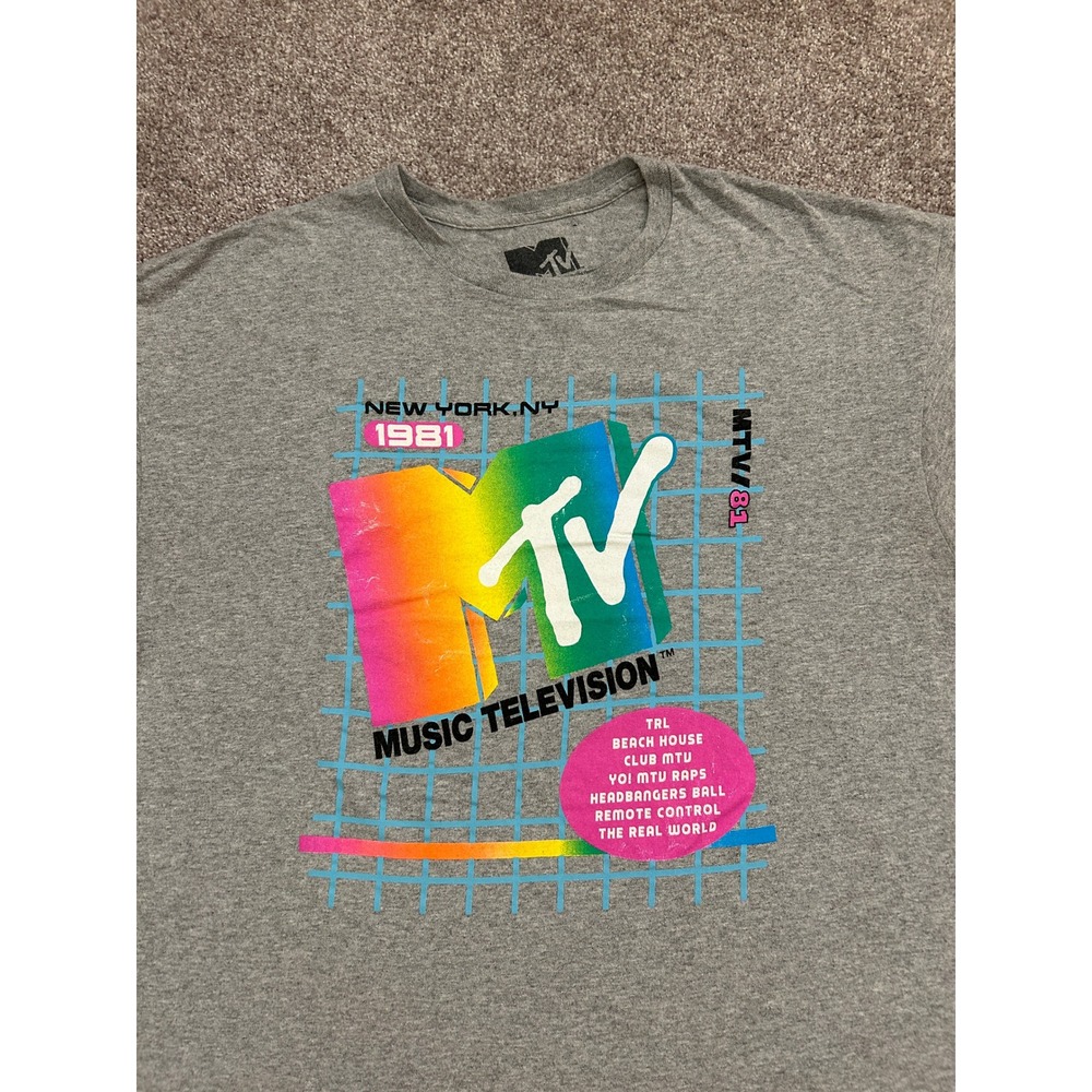 MTV T-Shirt Mens XL Gray Excellent 1981 Rainbow Logo Graphic Tee